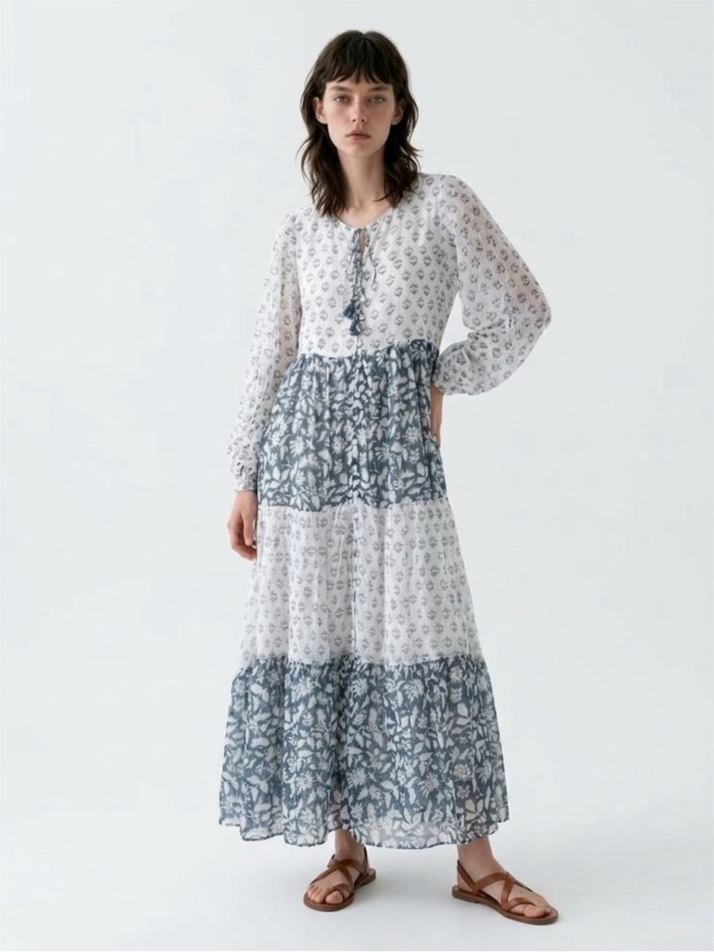 Hand Block Printed Tiered Maxi Dress in White and Blue